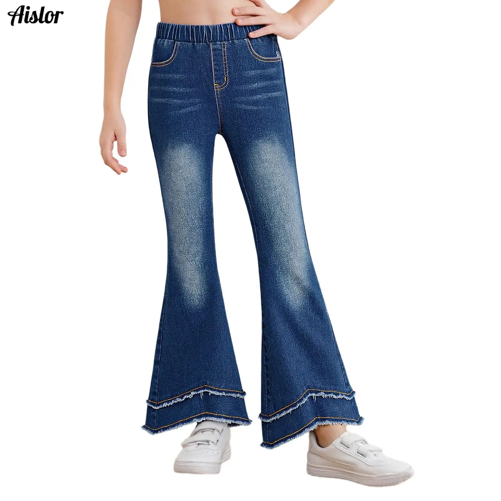 

Kids Girls Flared Jeans Fashion Raw Hem Elastic Waistband Bell-Bottom Denim Pants with Pockets Spring Autumn Casual Clothes