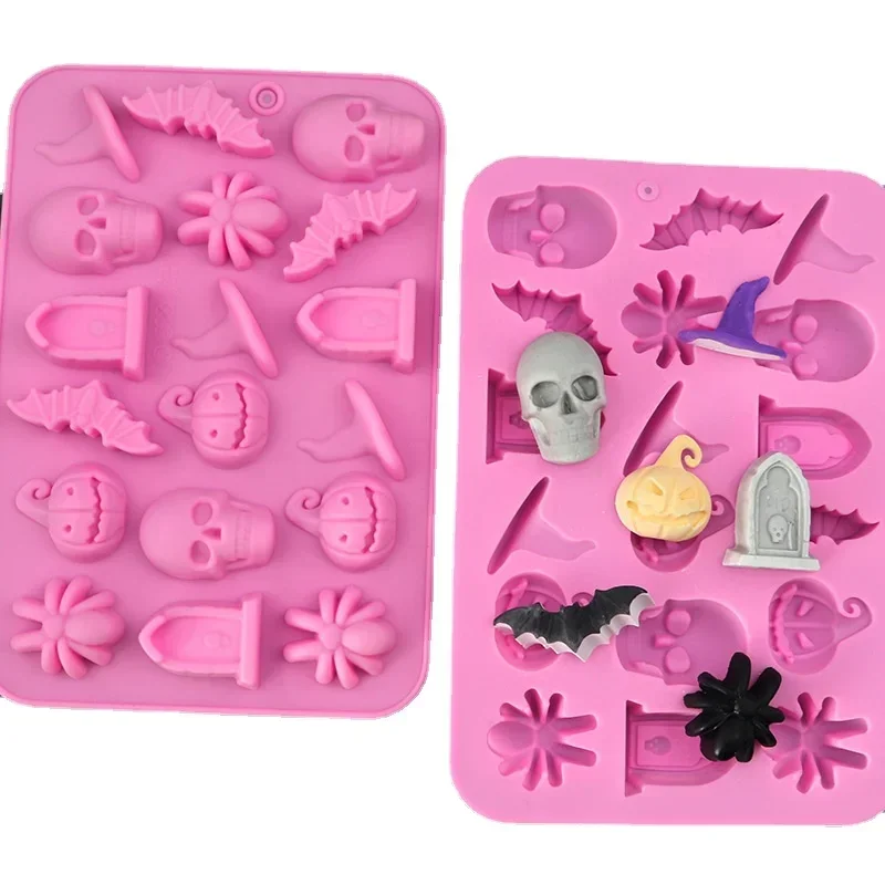 

18 Cavities Halloween Scary Silicone Mold Hat Skull Tomb Bat Pumpkin Spider Chocolate Gummy Mould Cake Decoration Baking Mold