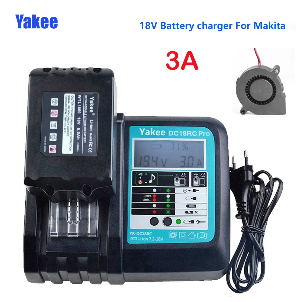 18VRC Battery Charger 3A 6A For Makita 14.4V 18V Bl1830 Bl1430 BL1860 BL1890 Tool charger Cooling Fan