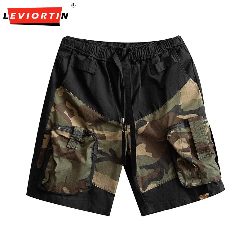 Hip Hop Herren Camo Shorts Hosen Sommer Multi Pocket Camouflage Patchwork Retro High Street männlich weites Bein Fünf-Punkt-Cargo hose