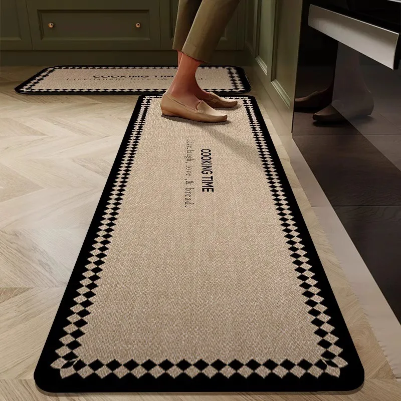 

Kitchen Carpet Waterproof Floor Mat PVC Leather Non-slip Mats Home Decor Rug Black Light Luxury Elegant Style Alfombra De Cocina
