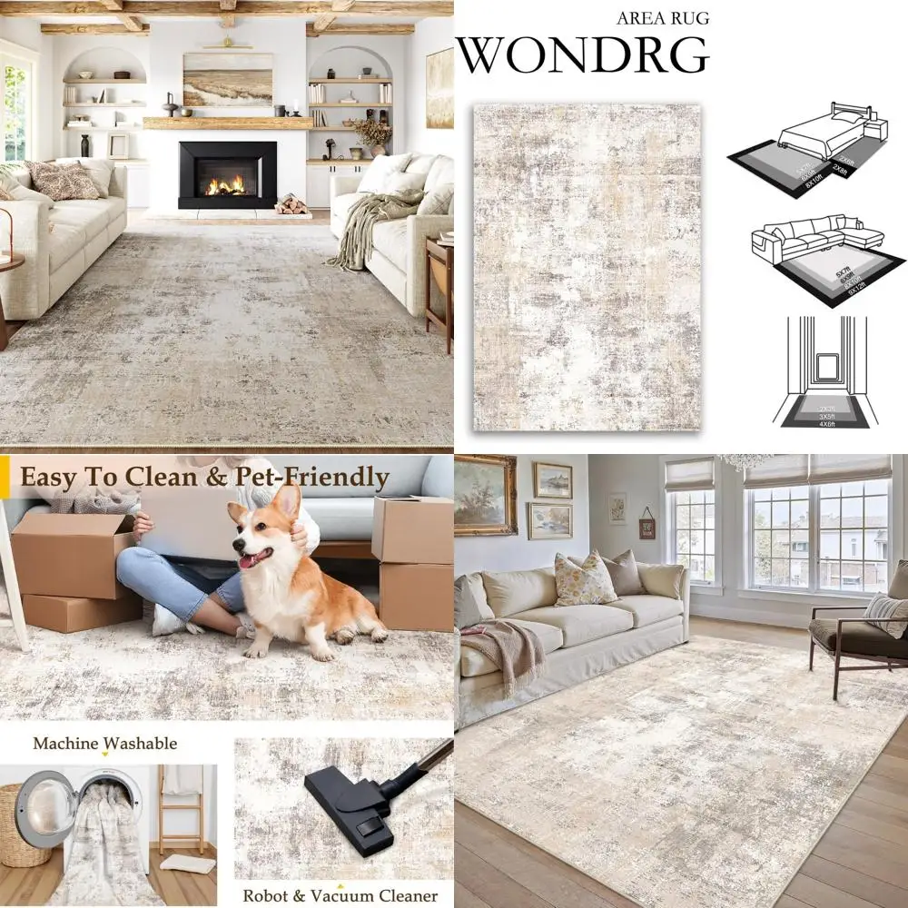 

Large Beige and Grey Abstract Area Rug - Washable, Soft, Low Pile for Living Room and Bedroom with Non-Slip Backing