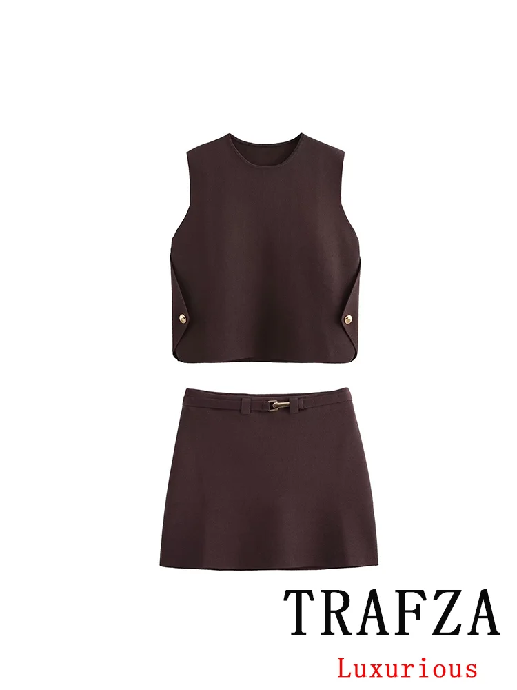 TRAFZA Vintage Casual Chic Women Suit Solid Sleeveless Button O-Neck Top Sashes Mini Straight Skirt New Fashion 2024 Autumn Sets