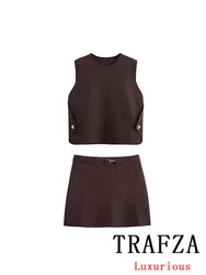 TRAFZA Vintage Casual Chic Women Suit Solid Sleeveless Button O-Neck Top Sashes Mini Straight Skirt New Fashion 2024 Autumn Sets