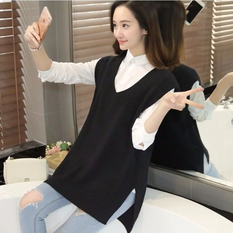 Jacquard Knitted Sweater Vests Women Loose Outwear Solid All-match Side-slit Streetwear V-neck Casual Office Lady Chic Simple