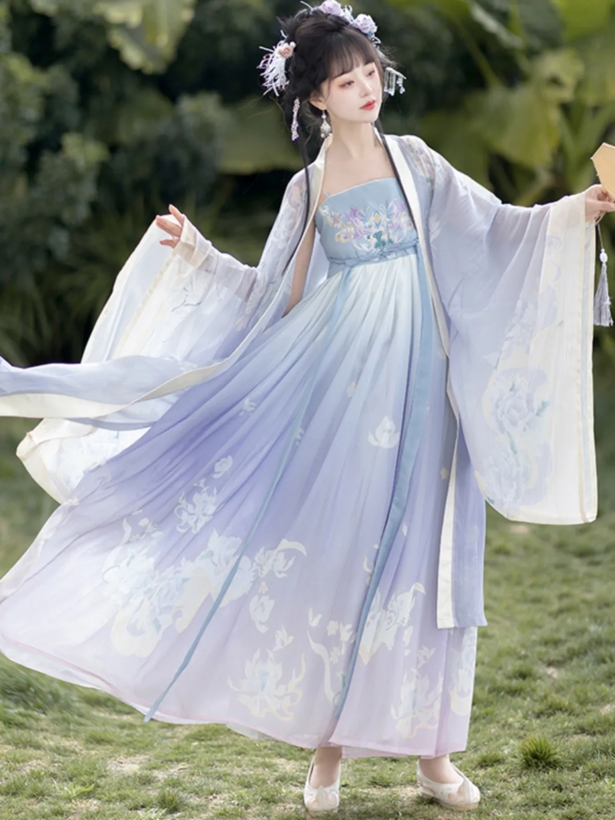 Vestido tradicional chinês hanfu para mulheres, traje cosplay de halloween, vestido de dança de verão azul gradiente, conjuntos 3 peças vintage