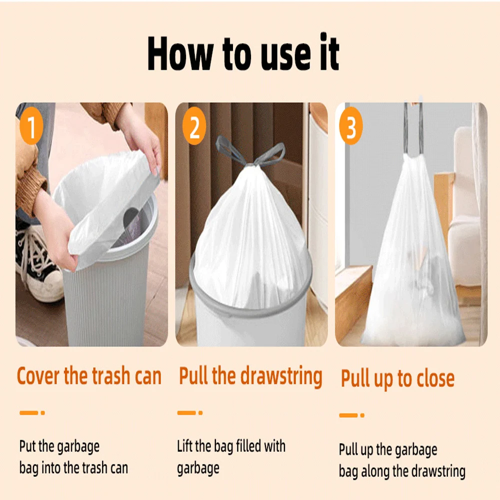 Garbage Bag with Drawstring Household Disposable Transparent Garbage Bag Kitchen Dormitory Living Room Use Three Sizes Selection