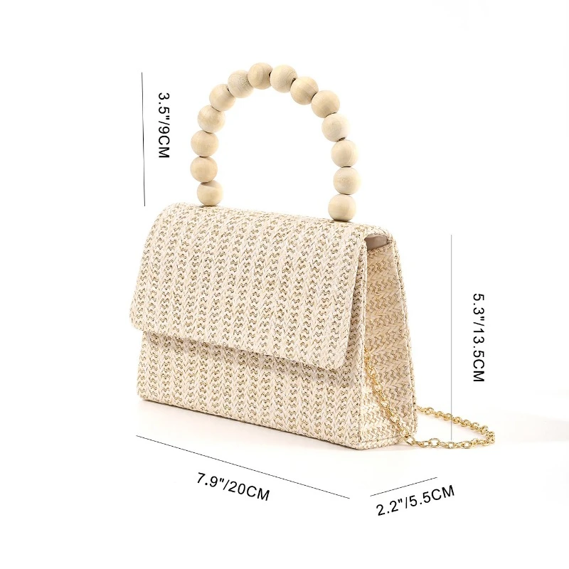 Leisure Holiday Style Women's Handbag Grass Woven Bags Sweet Wooden Beads Handle Vacation Beach Crossbody Bags 2024 New Summer