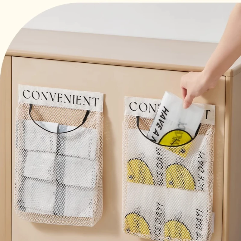 Kitchen Plastic Bag Storage Net,Wall Sticker Organizer,Pouch Bag Elastic Mesh Net with Tape Stickers,Trunk Storage for Cabinet