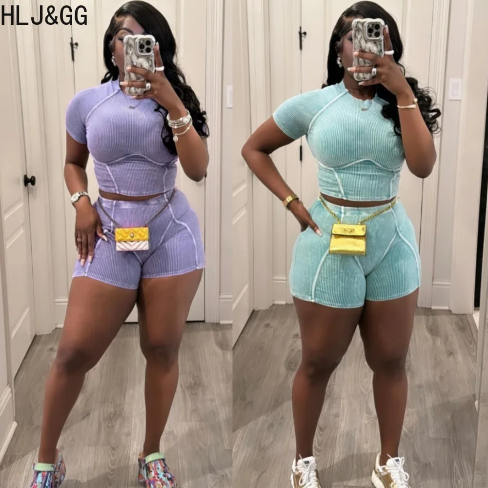 

HLJ&GG Summer New Solid Ribber Biker Shorts Two Piece Sets Women O Neck Slim Crop Top And Shorts Outfits Female Sporty Clothing