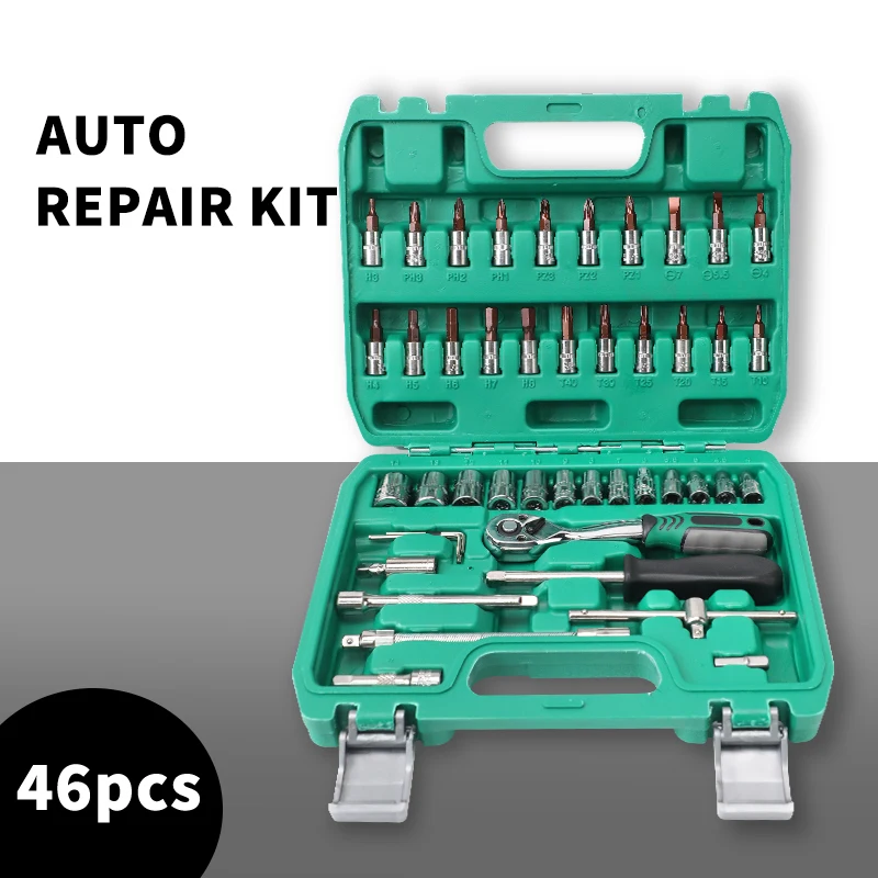 Conjunto de ferramentas de reparo de carro, 46 peças, catraca de reparo de carro de motocicleta, combinação de chave de fenda, kit de reparo mecânico diy para carro doméstico