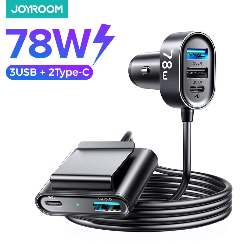 Joyroom 5-in-1 78W Car Charger Fast USB C Car Charger PD 3.0 QC 4.0 3.0 PPS 25W Type C Multi Car Charger Adapter with 1.5m Cable