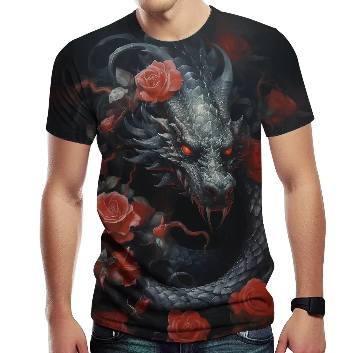 Trendy Men's Cool Red‑Eye Dragon 3D Full Print T‑Shirt Asian Myth Dragon Graphic Short Sleeve Punk Street Casual Tee Tops