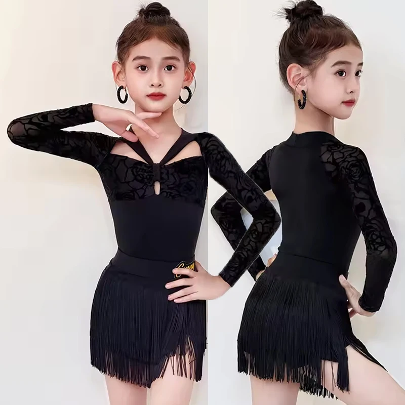 

Новинка 2023 года, латинская одежда для девочек, черный танцевальный наряд, боди с длинными рукавами и бахромой, тренировочная юбка, танцевальная одежда для самбы
