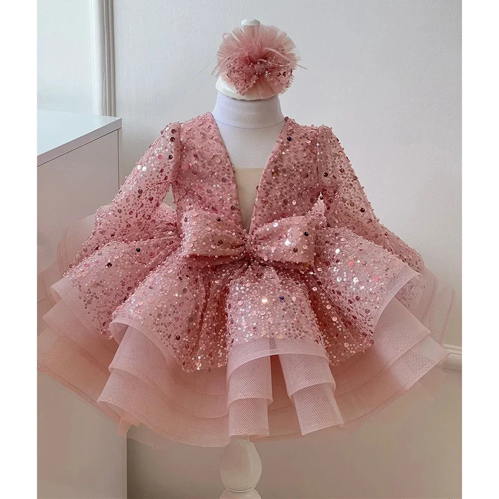 Mini abiti da ragazza con paillettes lucide Moda scollo a V maniche lunghe pieghe increspate abiti da ballo corti abiti da spettacolo per feste casual per bambini