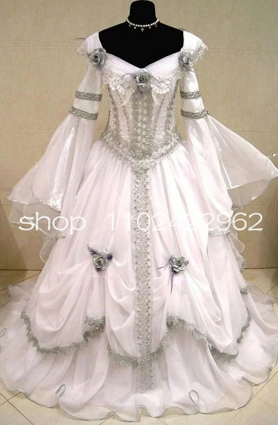 Maßgeschneidertes historisches Korsett-viktorianisches Ballkleid mit feenhaftem Langarm-Applikation, gerüschtem Trubel, mittelalterliches Hochzeits-Abendkleid