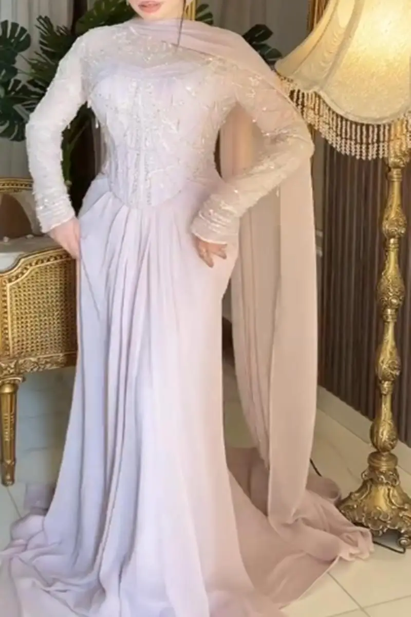 Light Pink Muslim Formal Evening Dress Sparkly Hand Beaded Chiffon A‑Line Cape Sleeves Ball Gown Customizd