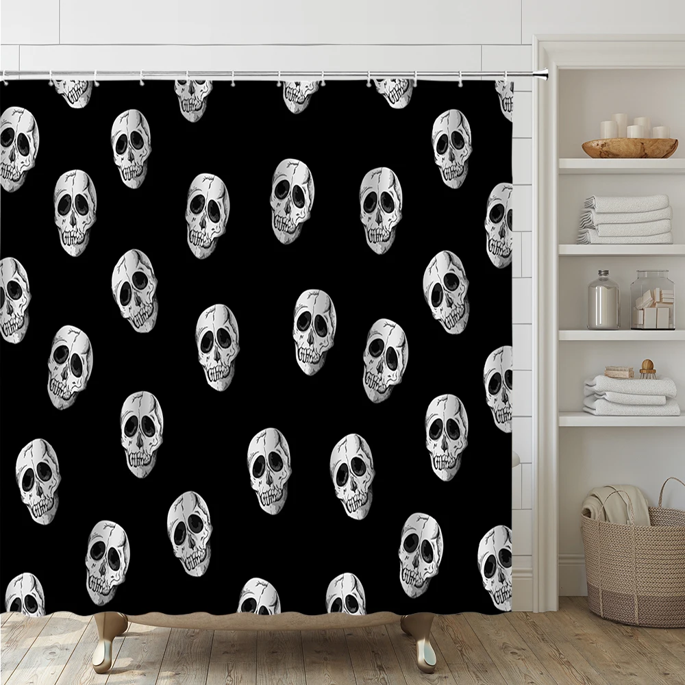 4Pcs Black White Skull Shower Curtain Set Scary Halloween Bathroom Decor Fabric Screen Non-Slip Bath Mat Toilet Lid Cover Rugs