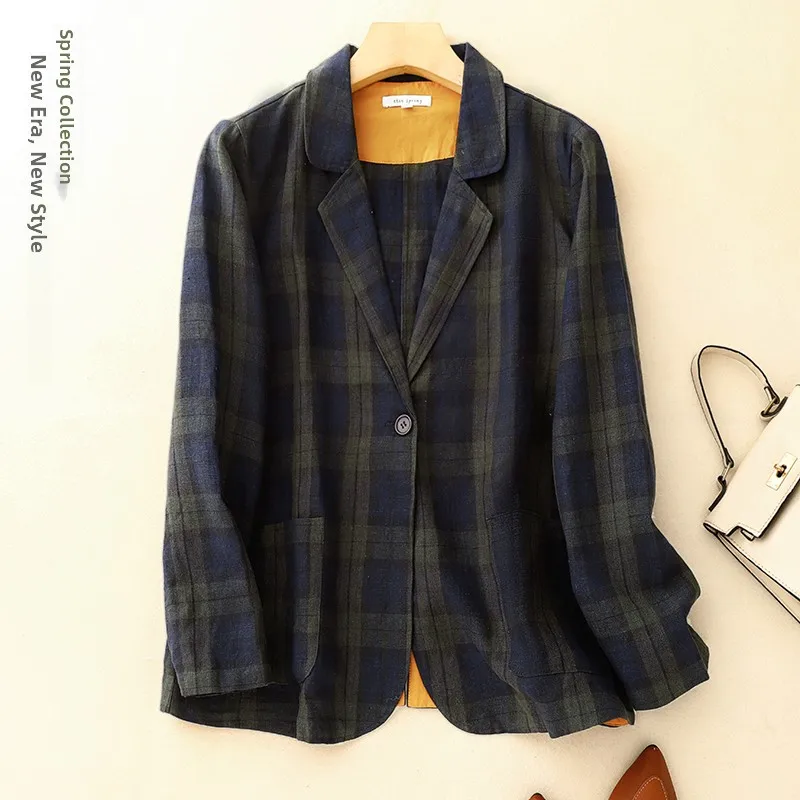 Retro Plaid Cotton Linen Suit Jacket Women Spring Autumn New Style Casual Loose Long Sleeve Westwear Trendy Linen Top