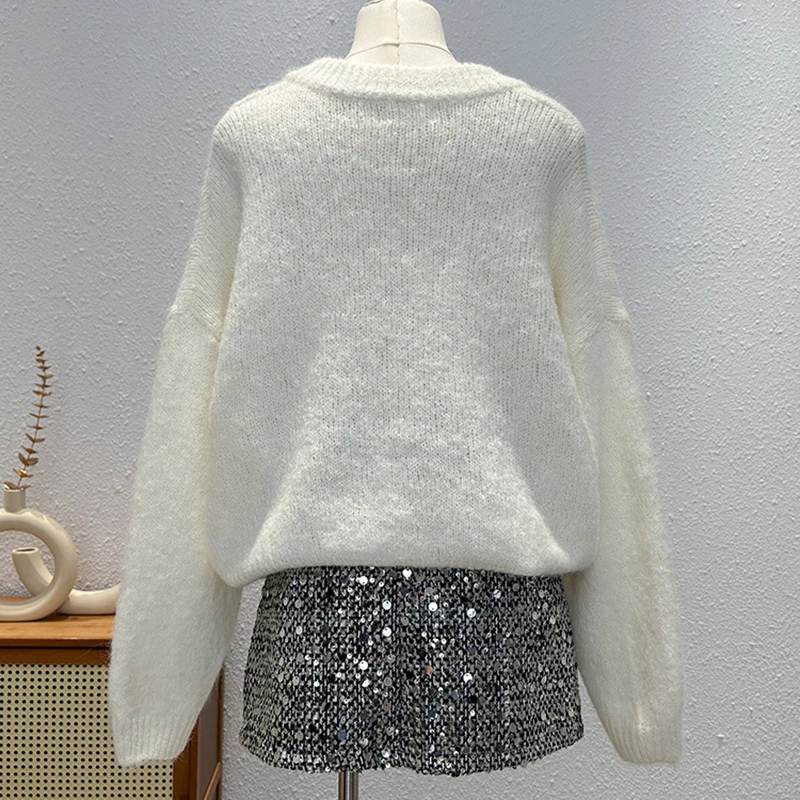 Cardigan lavorato a maglia con paillettes lucide per donna Moda autunnale con scollo a V tinta unita morbido maglione caldo cappotto maglioni stile francese