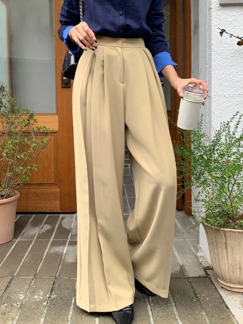 Pantalon drapé taille haute à jambes larges pour femme, Long, décontracté, Chic, polyvalent, Design plissé, coréen, automne