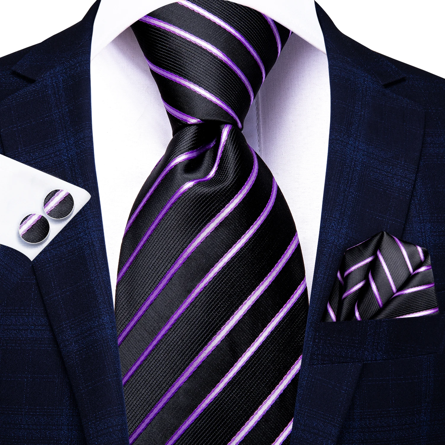 Purple Stripes Men Tie Handkerchief Cufflinks Set Necktie for Man Male Wedding Business Ties Formal Dad Husband Gift