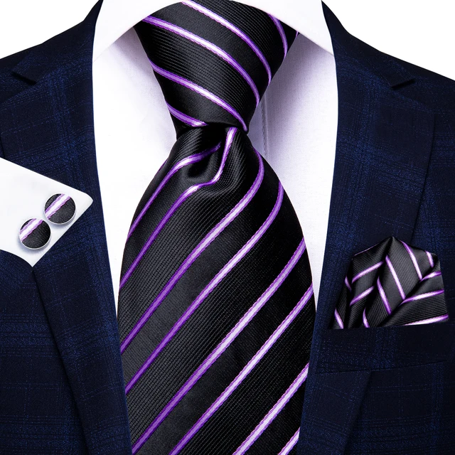Purple Stripes Men Tie Handkerchief Cufflinks Set Necktie for Man Male Wedding Business Ties Formal Dad Husband Gift