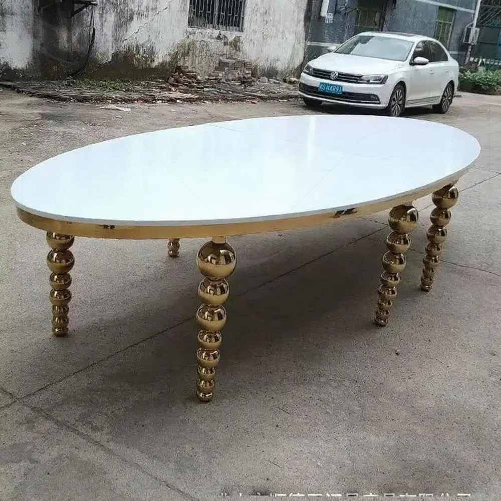 FSDKX Modern Oval Stainless Steel Gold Wedding Table with MDF Top for Dining Wedding Parties Hotel Banquets