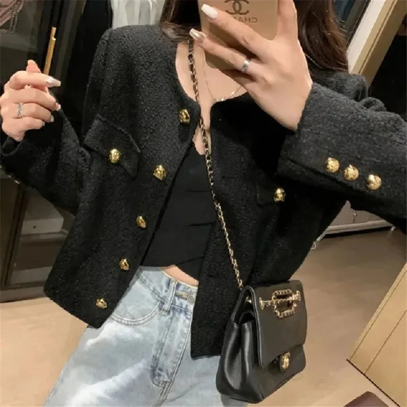 Elegant Tweed Jacket Women 2024New Spring Autumn Vintage O-Neck Single Breasted Cropped Jacket Korean Long Sleeve Short Coat Top