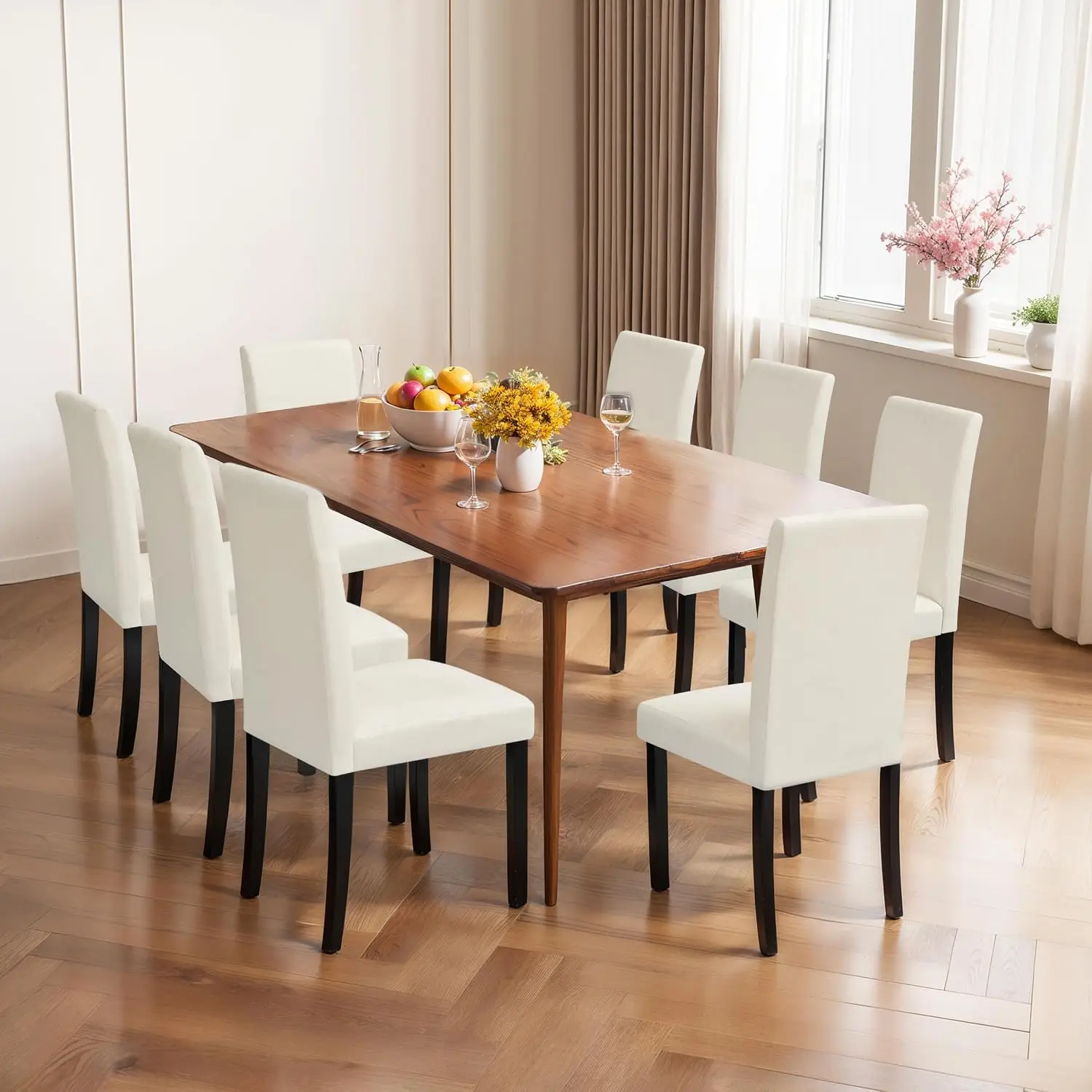 Upholstered Dining Chairs Set of 8, Fabric Parson Chairs with Solid Wood Legs for Kitchen Restaurant Hotel, Ivory, Customized
