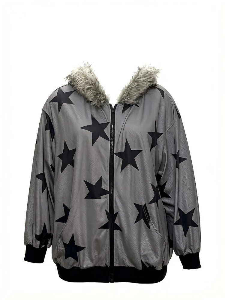 Women's Plus Size Star Print Jacket With Fur Hood Casual Loose Bomber Jacket Autumn Winter Warm Long Sleeve Zipper Coat Streetwe