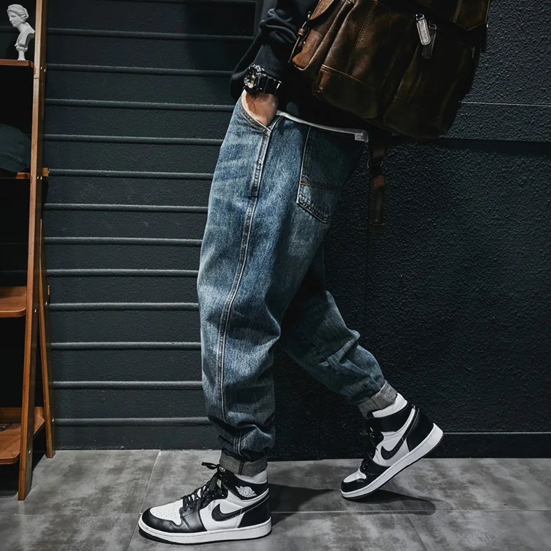 Fashion Streetwear Men Jeans Retro Blue Casual Denim Cargo Pants Hombre Multi Pockets Hip Hop Loose Jeans Men Wide Leg Trousers