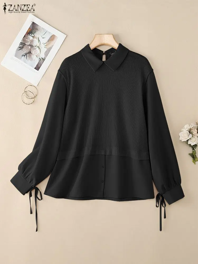 여성 와플 패치워크 블라우스 플러스 사이즈 봄 가을 긴팔 칼라 페이크 투피스 셔츠 ZANZEA 레이지 루즈 탑스 5XL