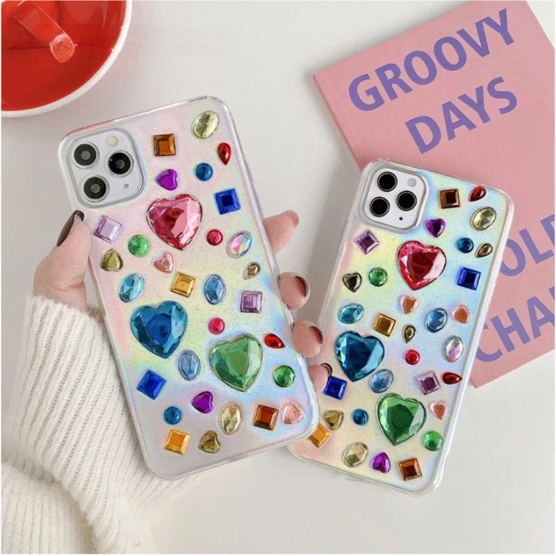 Luxury Crystal Laser 3D Love Heart Phone Case for iPhone 16 15 14 13 12Pro Max 16ProMax Bling Glitter Epoxy Clear Soft Tpu Cover