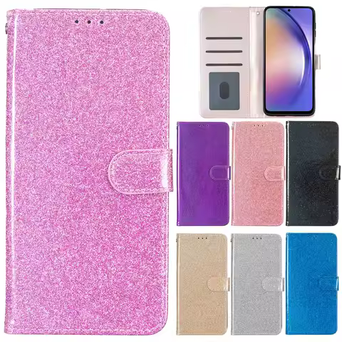 S25 Edge Glitter Leather Case for Funda Samsung Galaxy S25 S24 Ultra S23 S22 Plus S21 S20 FE 5G S10 S9 S8 Cases Flip Phone Cover