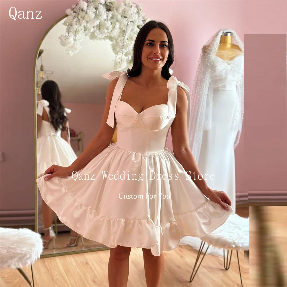 

Qanz Sweetheart Wedding Party Dress Bow Straps White Satin Bridal Gowns Dress for Women Short Fluffy Vestidos De Novia 2024