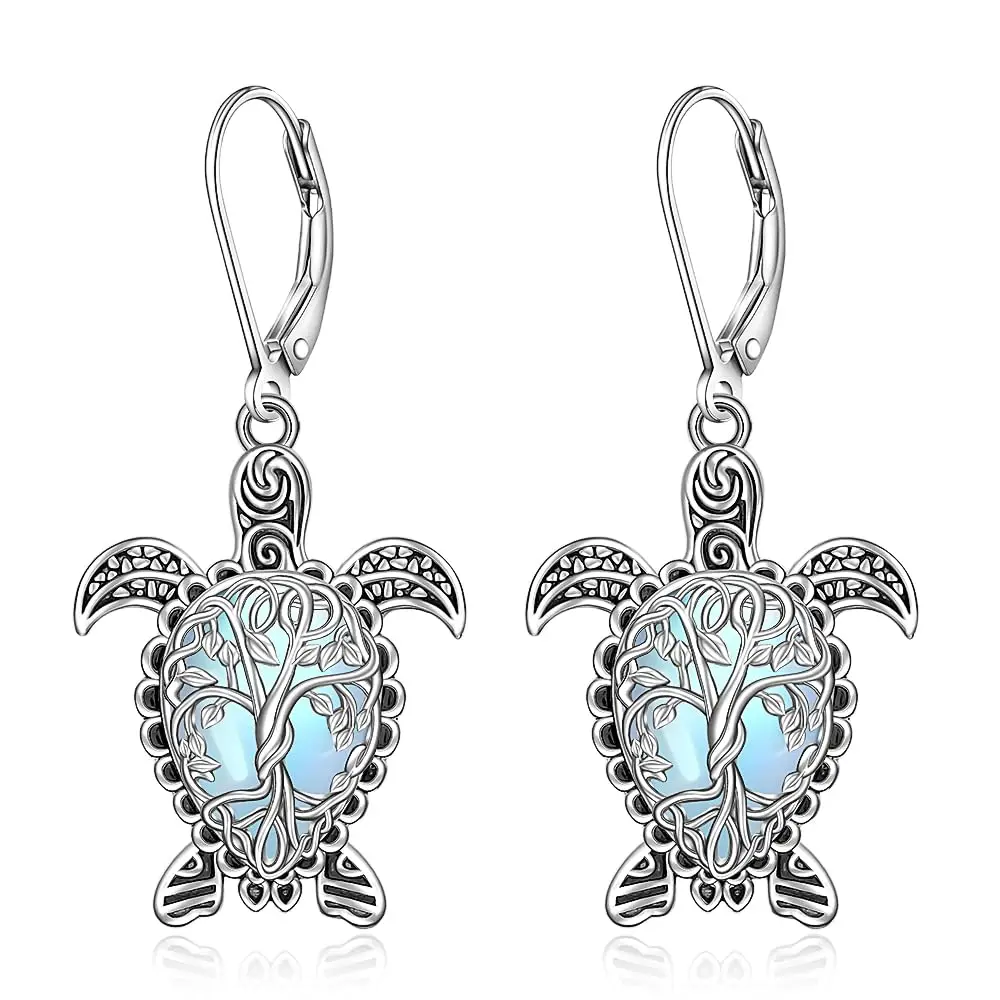 

Sea Turtle Dangle Earrings Tree Of Life Design For Women Leverback Style Blue Opal Look Jewelry