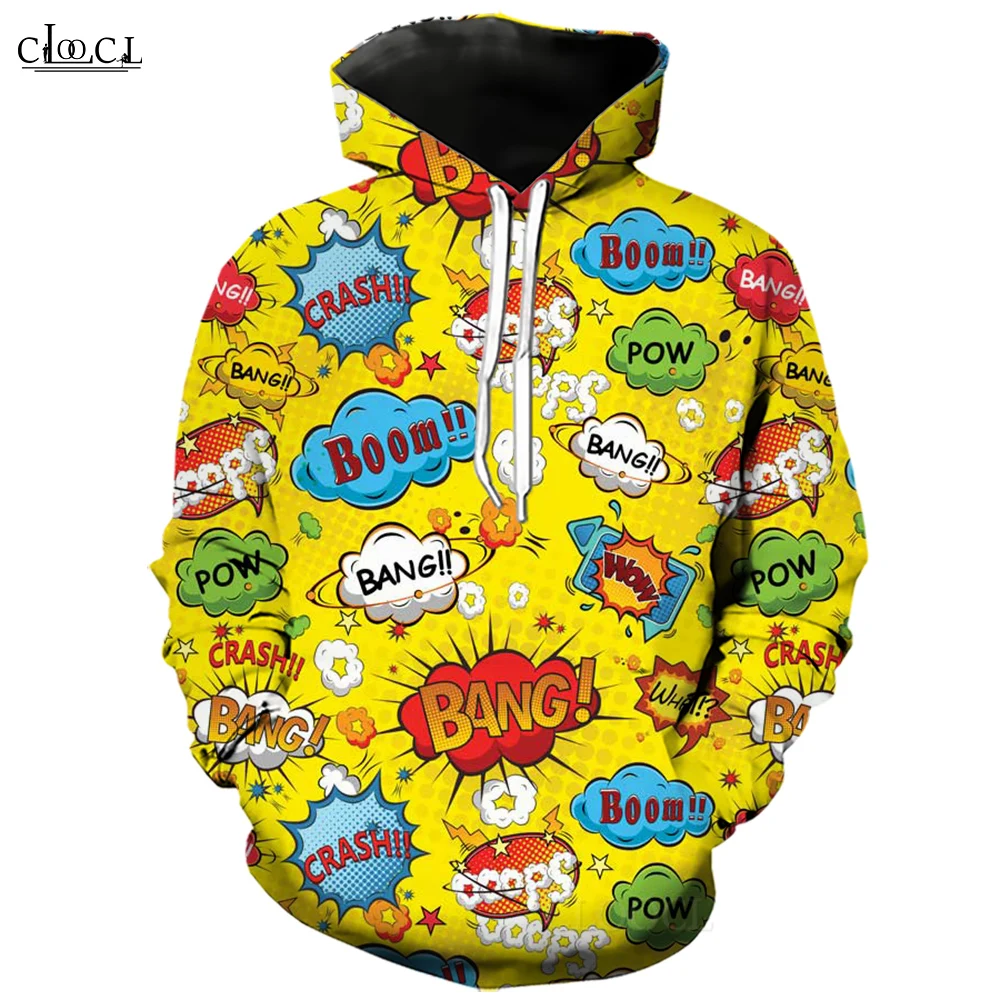 

CLOOCL Men Hoodies Loose Casual Sportswear Oops Bang Boom 3D Pattern Printed Comic Style Long Sleeve Harajuku Hooded Sweatshirt