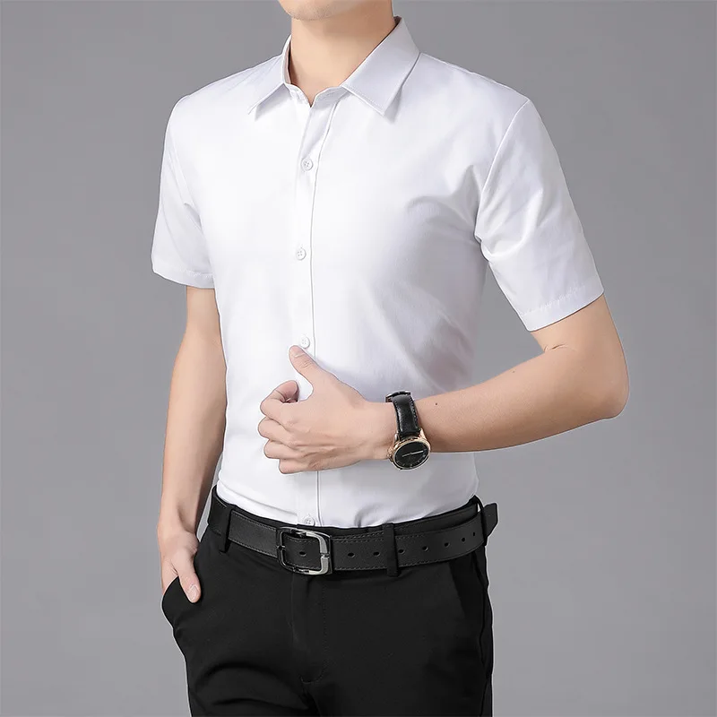 Camisa Slim Fit de manga curta masculina, vestido de negócios, cor sólida, manga comprida, branco, preto, branco, novo, verão, C52, Polegada