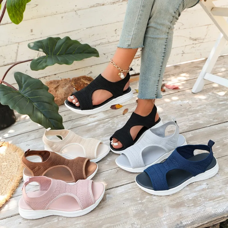 

Женские летние вязаные сандалии, дышащие сетчатые туфли без шнуровки, повседневные прогулочные сандалии для женщин, легкие уличные сандалии-кроссовки