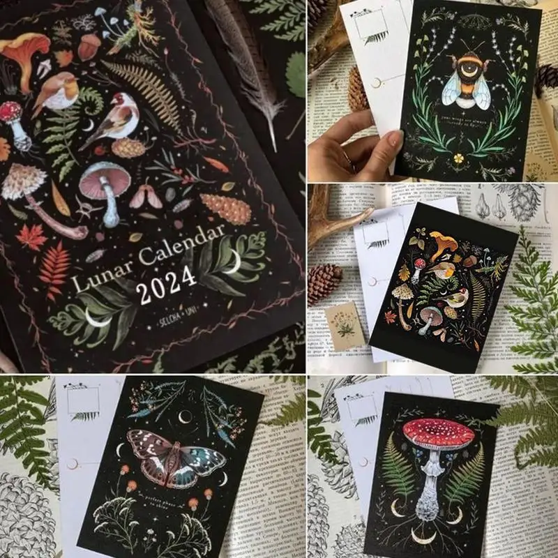 

2024 Dark Forest Calendar Creative Illustrated Wall Lunar Calendars Astrology Moon Calendar Butterfly Dog CatButtholes Calendar