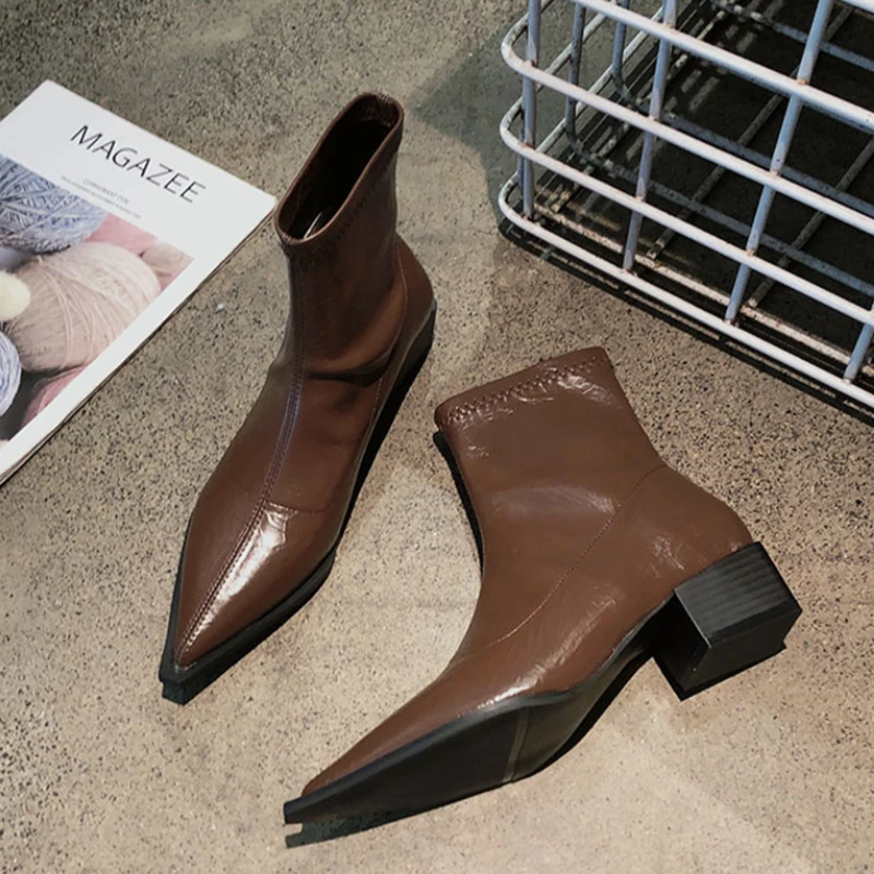 

Pointed Toe Women's Boots Ankle Elegant Mid Heels Shoes 2025 Pumps Fashion Boots Winter Walking Leather Short Mujer De Botas