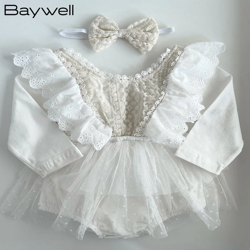 Baywell Newborn Infant Baby Girls Clothes Long Sleeve Lace Bodysuit Headband Lace Tutu Dress Jumpsuit Outfits Clothing