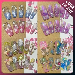 Y2K Full Cover Candy Color Nail Tips Pure Handmade 3D Bowknot Kawaii Glitter Powder Detachable Reusable Fake Nails