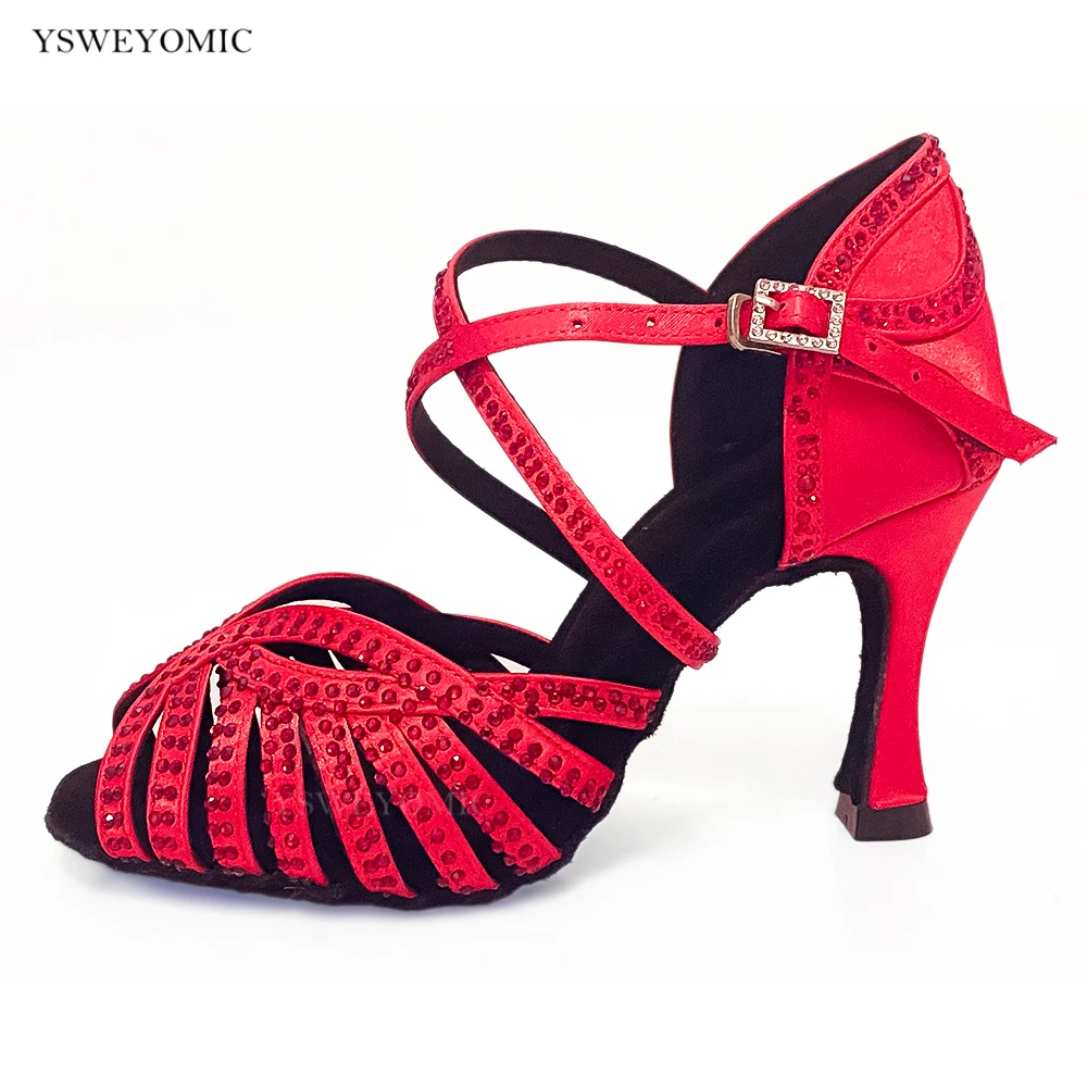 Red Rhinestones Red Satin Customized Indoor Outdoor Latin Dancing Shoes 2023 New Style Latin Ballroom Salsa Party Shoes For Girl