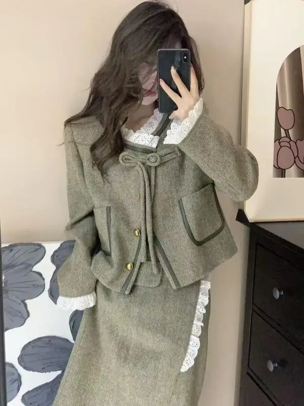 Retro Korean Drama Style Fashion Set Semi-Body Skirt Elegant Little Dress Rich Girl Feeling Outerwear Polyester Long Sleeve