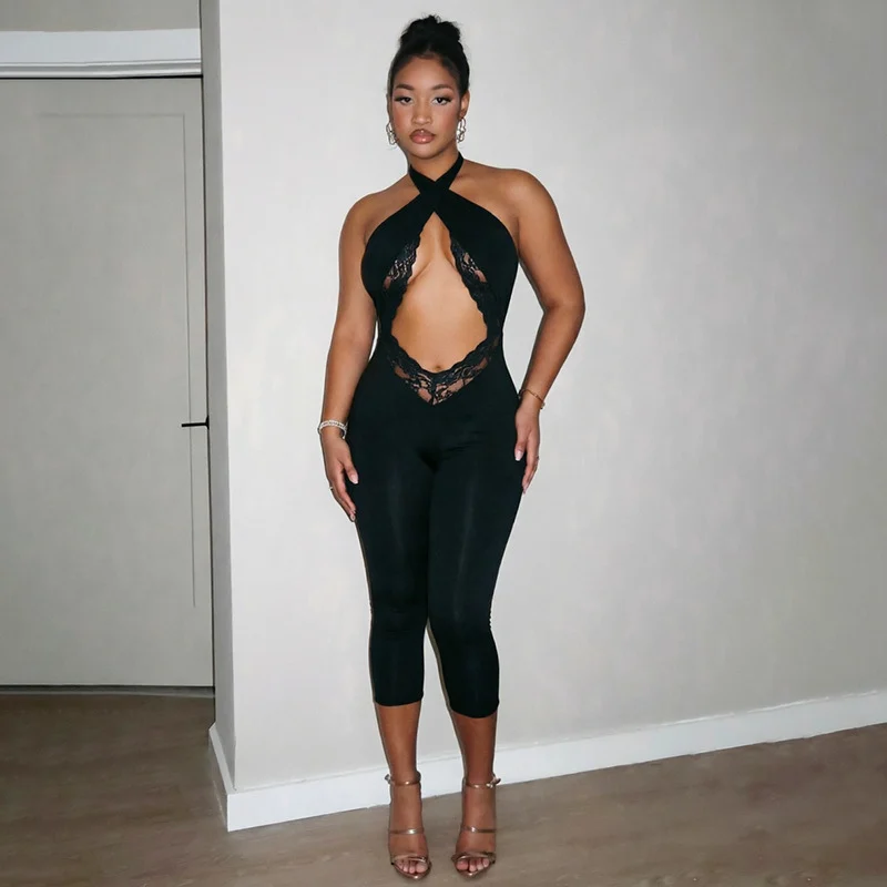 Sexy Lace Patchwork Bodycon Rompers Woman Jumpsuit Bandage Halter Sleeveless Backless Ruched Skinny Night Club Outfits Birthday