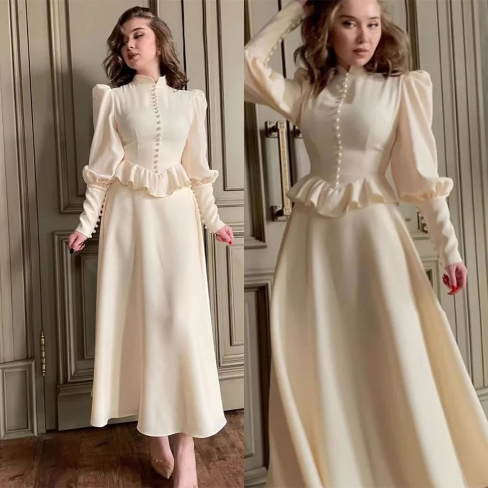 

Customized Exquisite Ivory Jersey Evening Dress Elegant High Neckline Puff Sleeves Long Sleeves Buttons Zipper Back Prom Dress