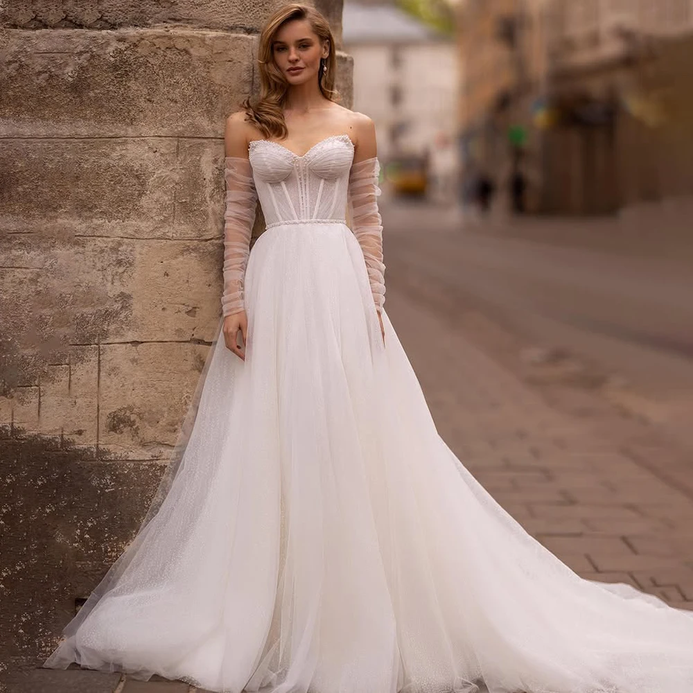 

Charming Sweetheart With Peals A Line Glitter Tull Wedding Dresses Custom Made 2026 Rode De Morrie Dress For Wedding Luxury