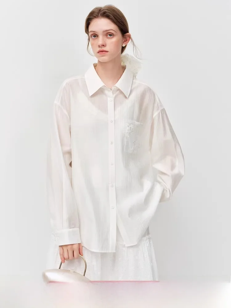 

Vivian Women's Lace Knot irt White Splice Design Summer New Sle Loose Fit Long Sve Busin Casual irt